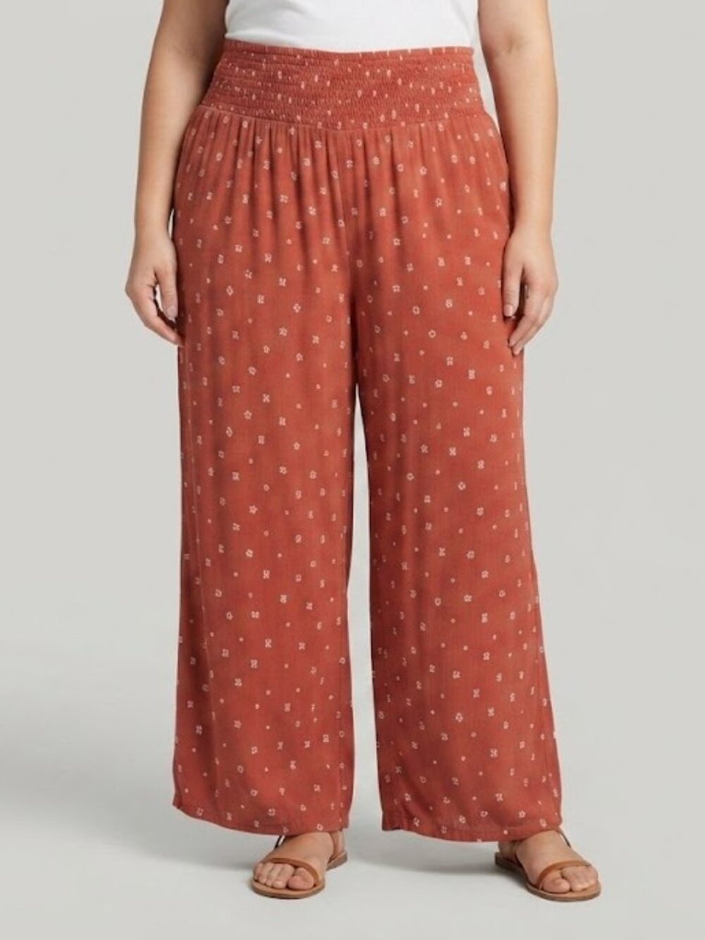 Rust Smocked-Waist Wide Leg Pants with White Boho Print